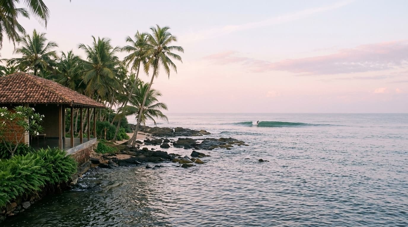 Surfer riding a wave below the palms