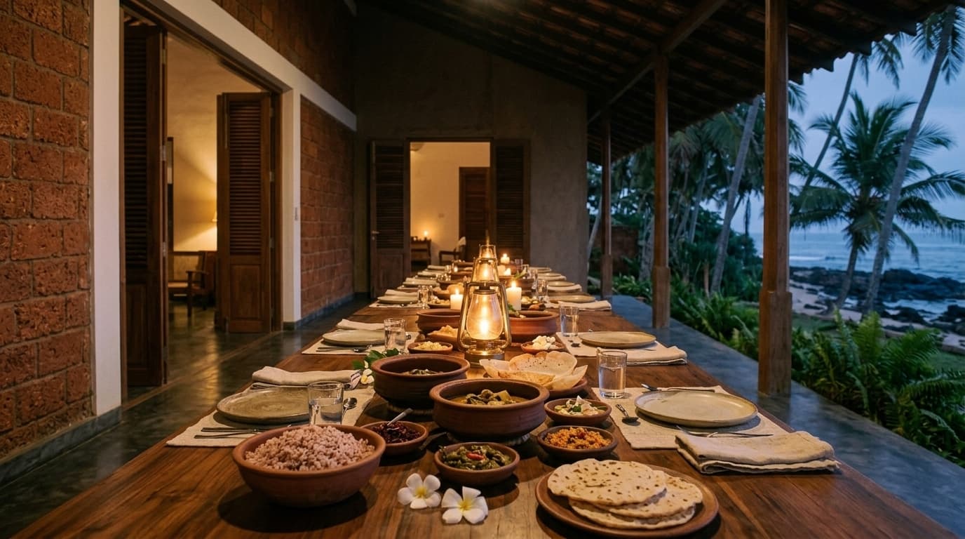 Sri Lankan dinner laid along the table by lantern light