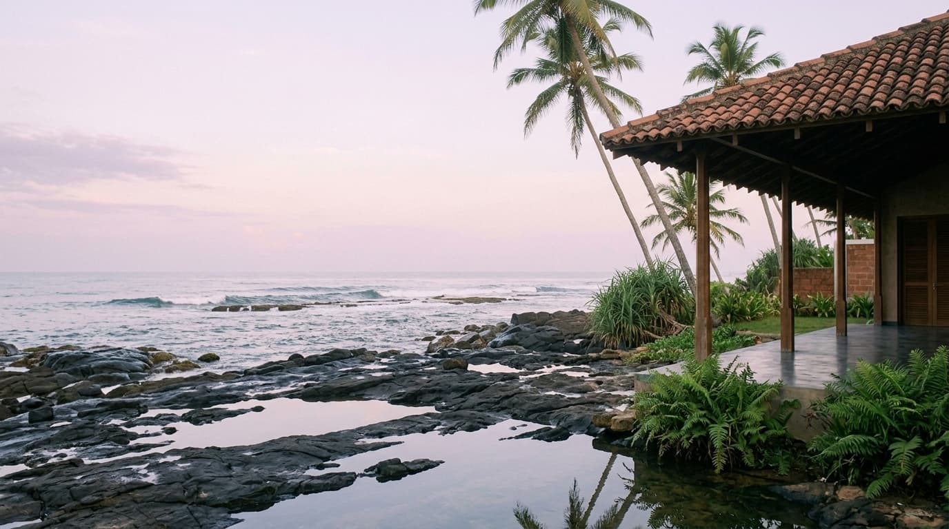 The villa above the rock pools at dawn, coconut palms and the sea
