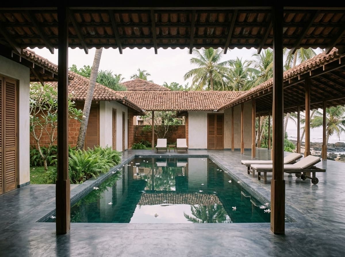 The courtyard pool between the pavilions