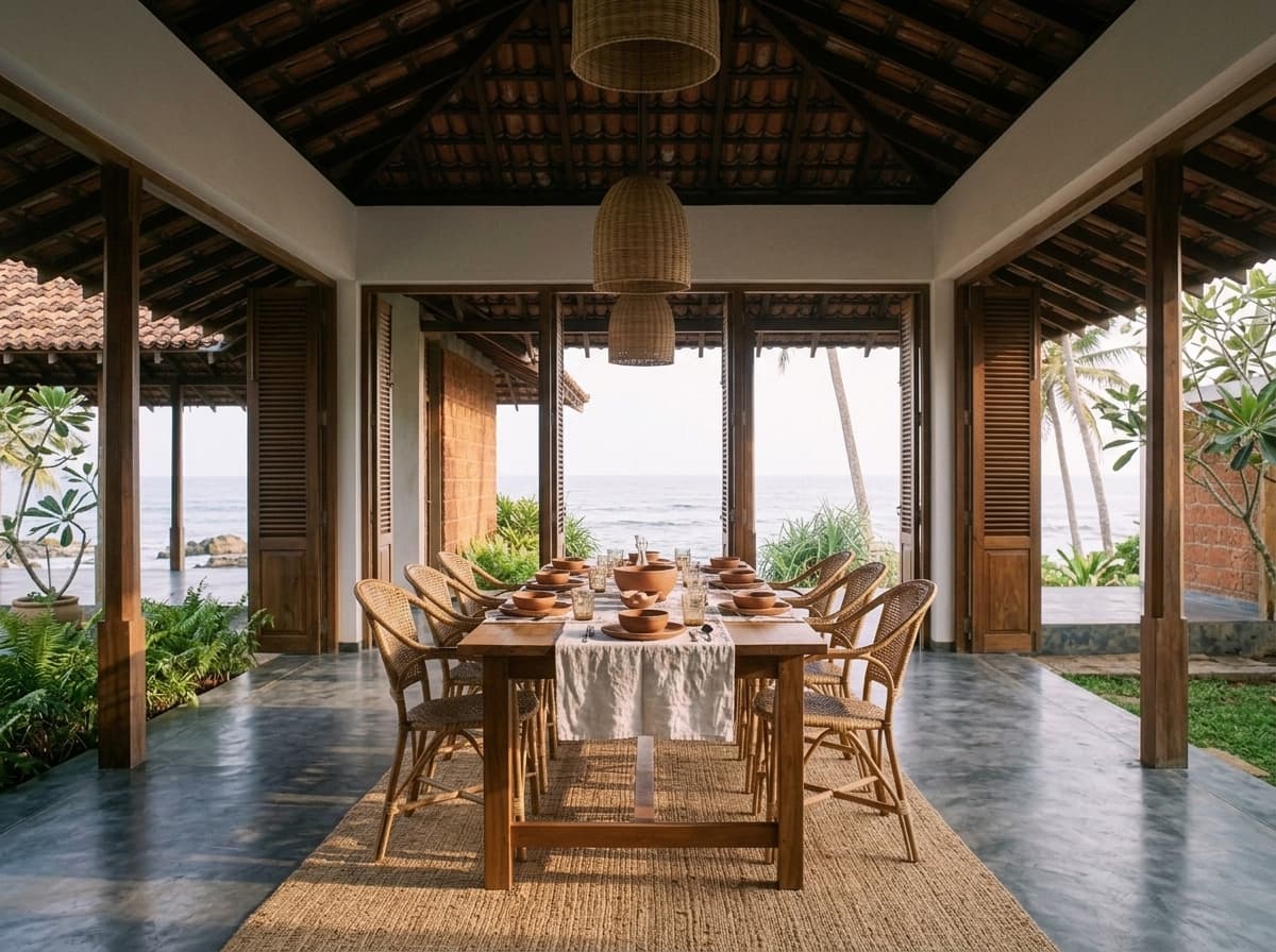 The dining pavilion set for eight, the sea beyond