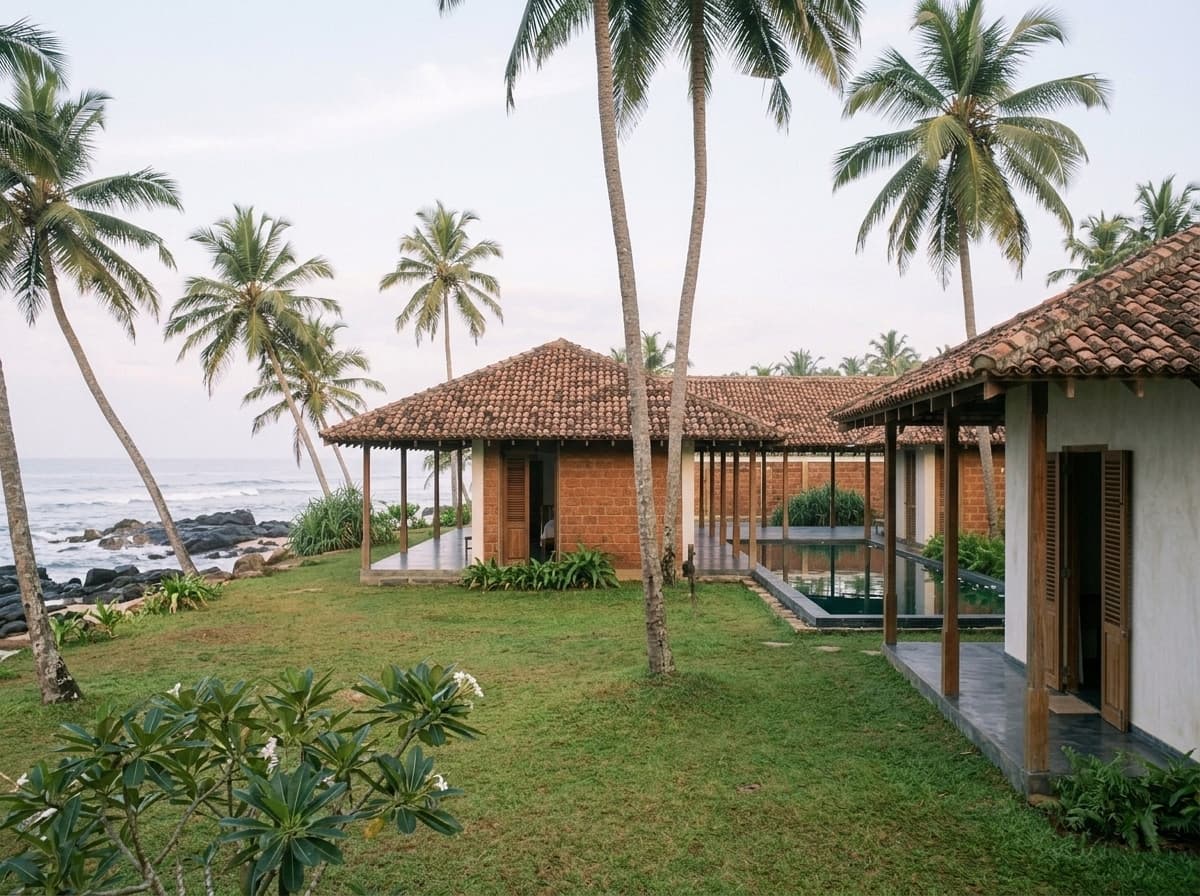 The house on the lawn above the rocks and the sea
