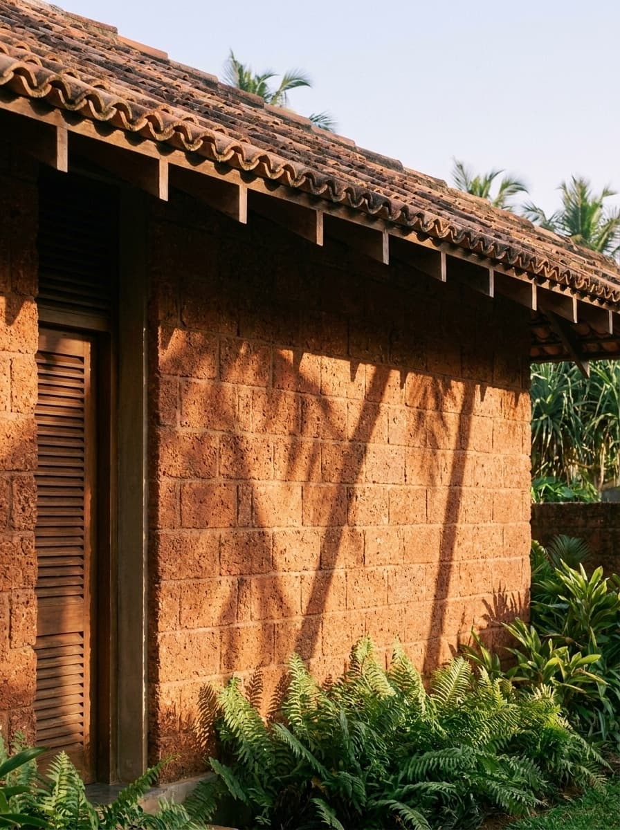 Laterite wall and clay-tiled eaves in the late sun, ferns below