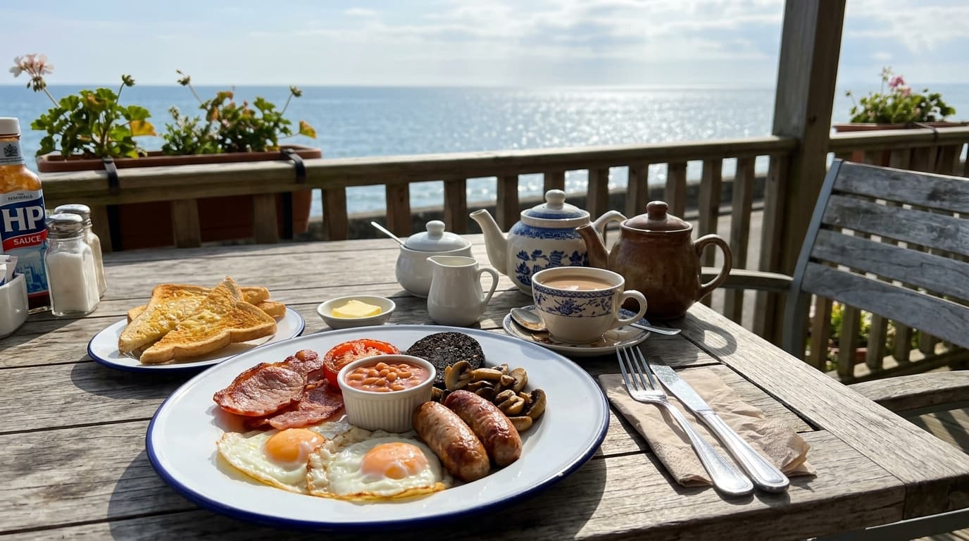 Full English breakfast with toast and a pot of tea on the veranda