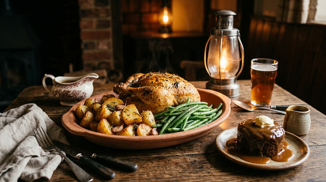 Roast chicken with potatoes and greens, sticky toffee pudding beside it
