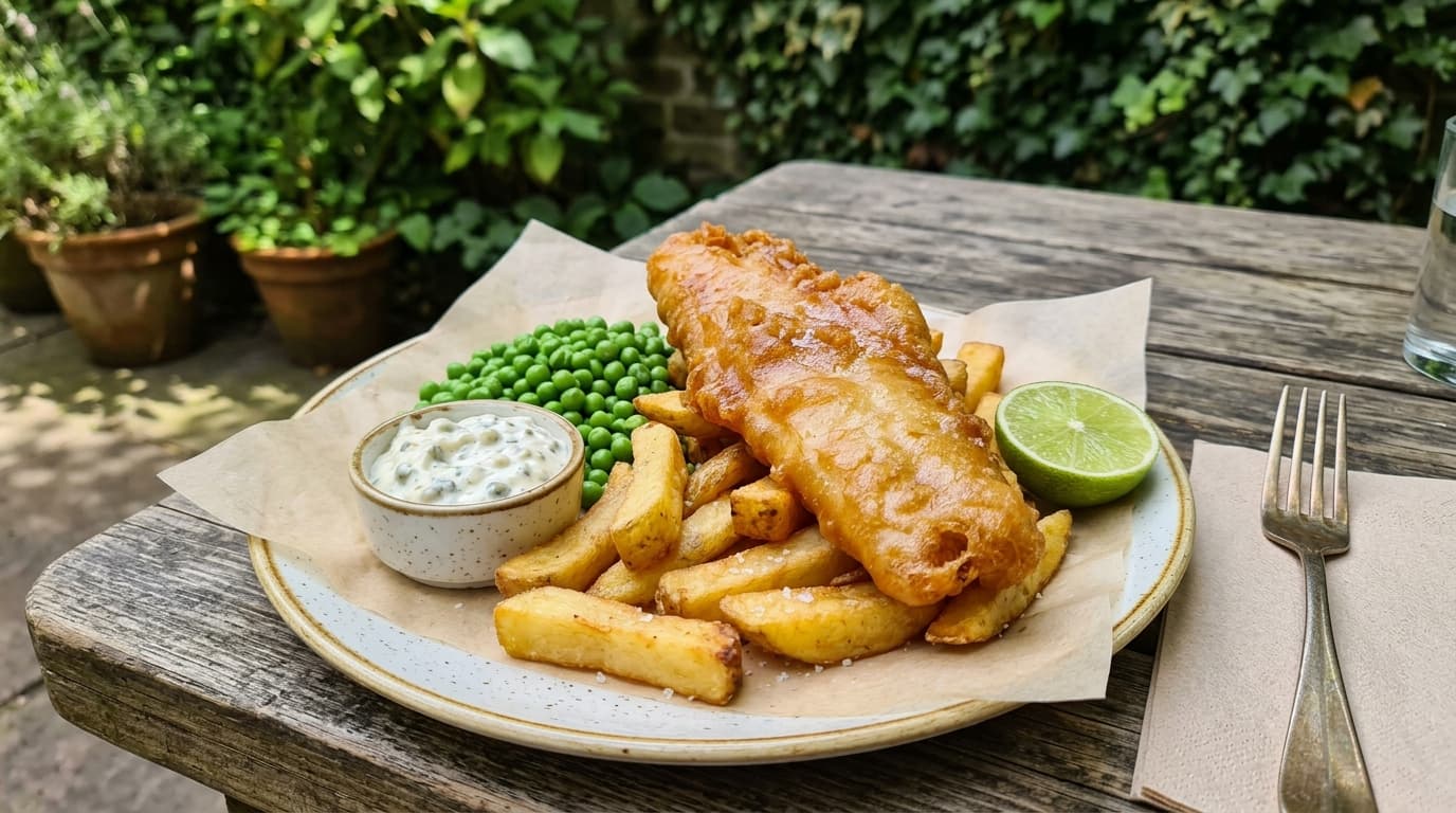 Battered fish and chips with peas, tartare sauce and lime
