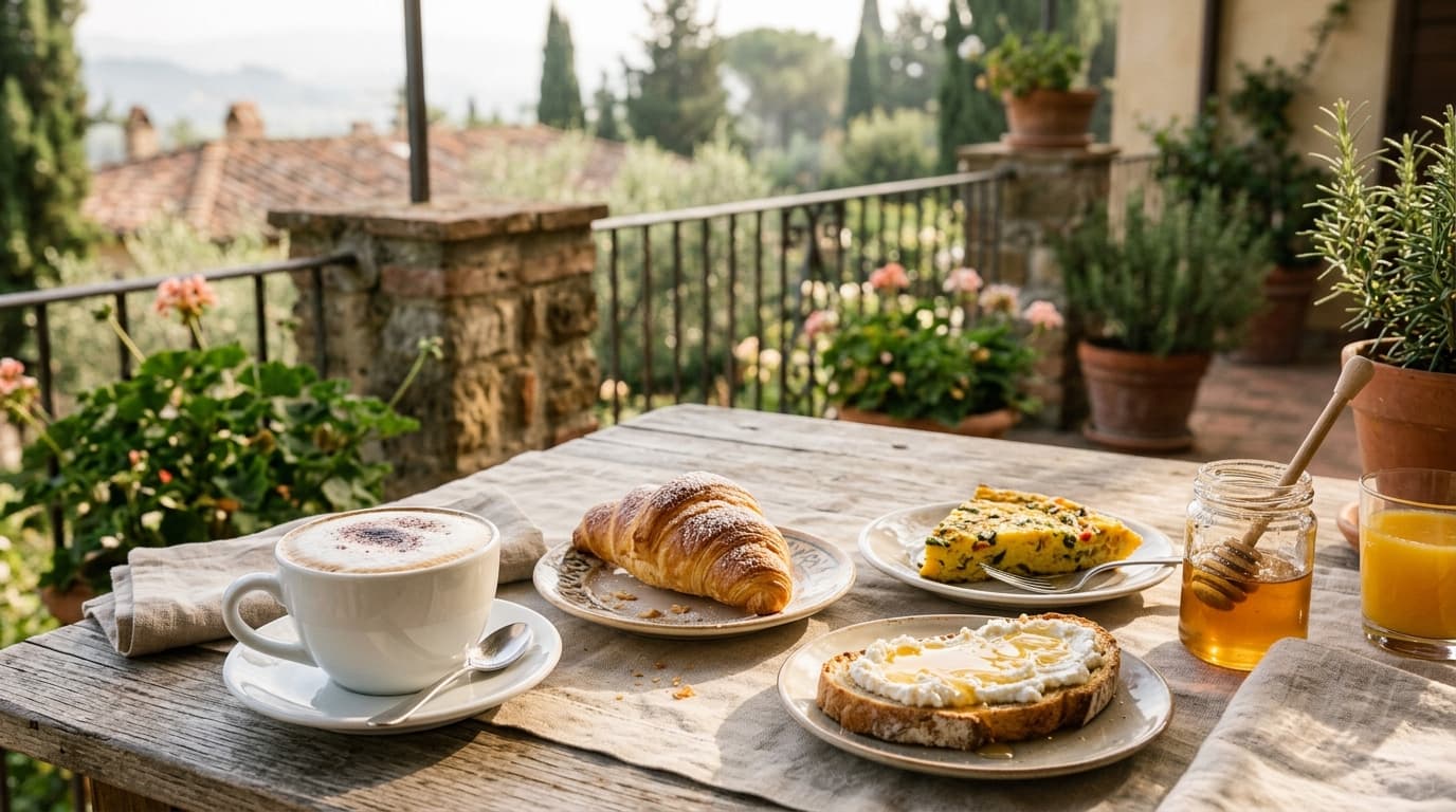 Cornetti, cappuccino and frittata on a veranda table