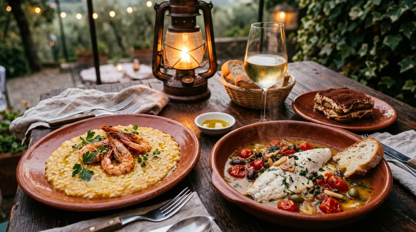Prawn risotto and fish acqua pazza by lantern light