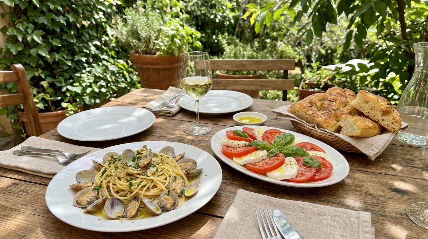 Spaghetti alle vongole with insalata caprese and focaccia