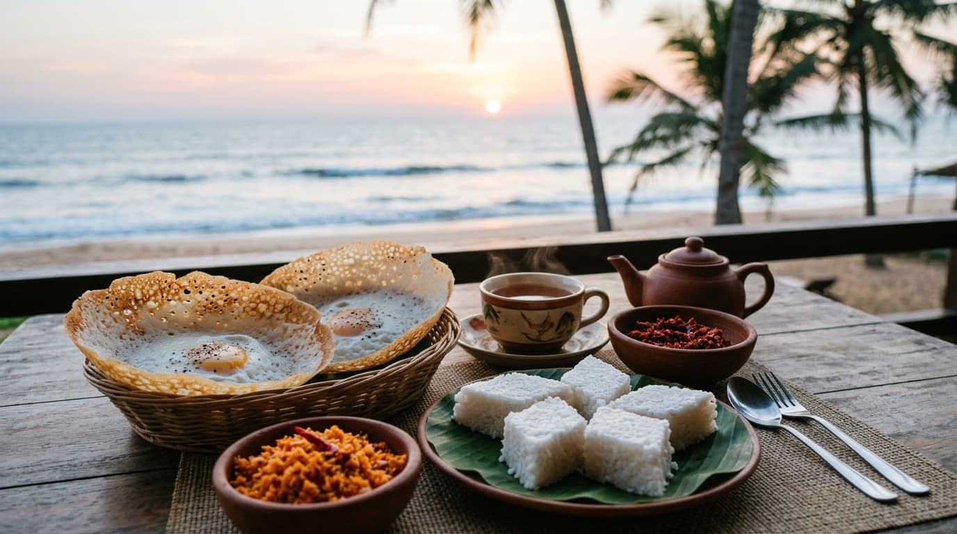 Egg hoppers, kiribath and coconut sambol with Ceylon tea, the sea at dawn behind