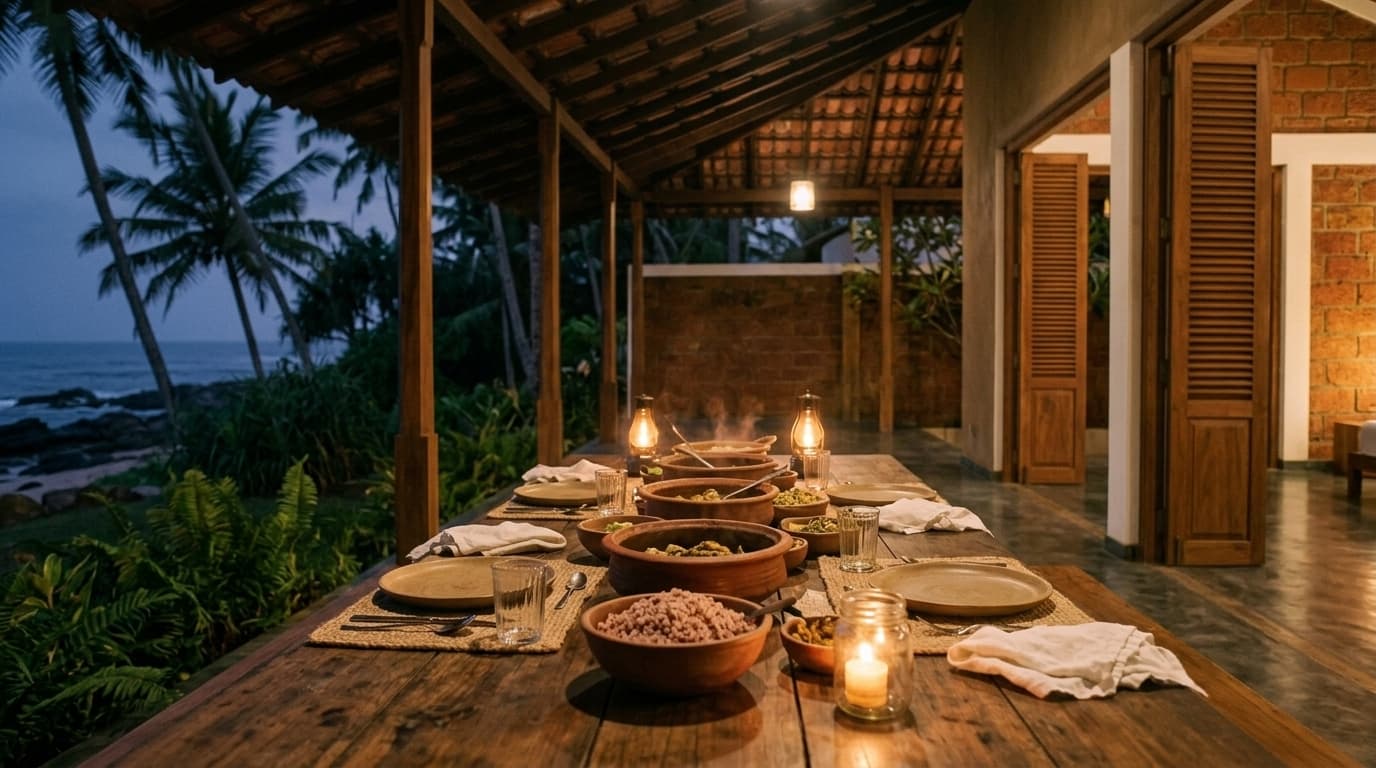 Fish curry, jackfruit and aubergine in clay pots by lantern light