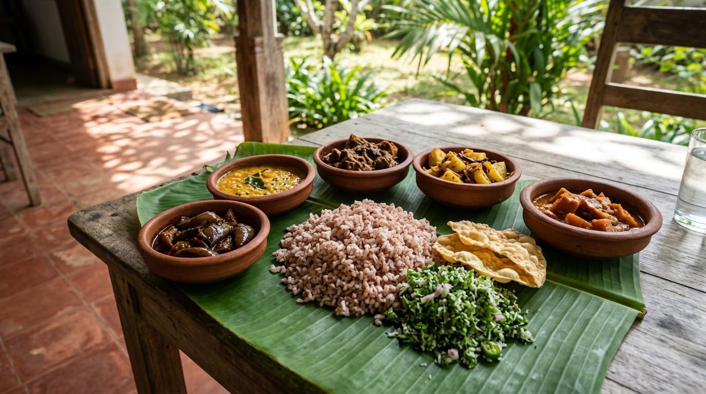 Red rice and curries in clay bowls on a banana leaf