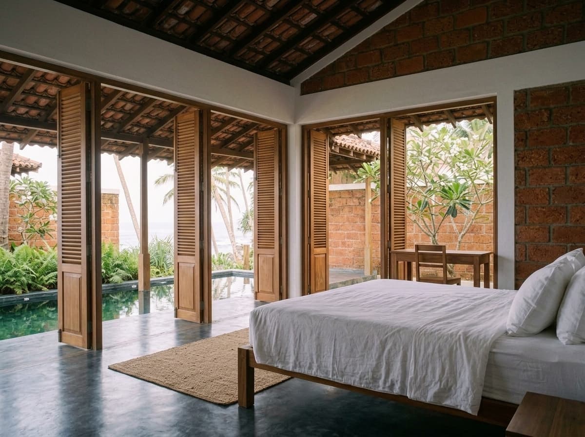 Bedroom looking through timber doors to the courtyard pool