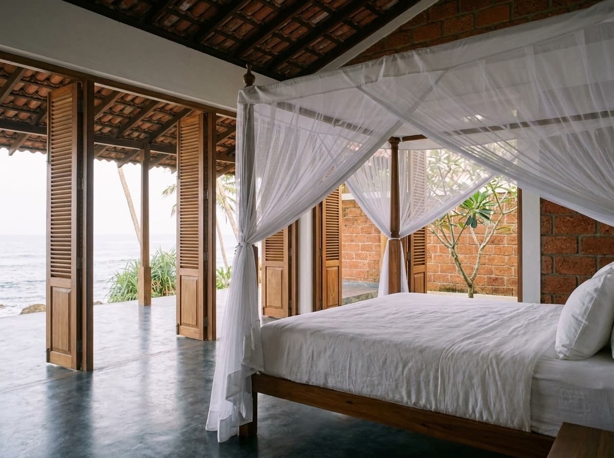 Day bed beside open doors, laterite walls and the sea beyond