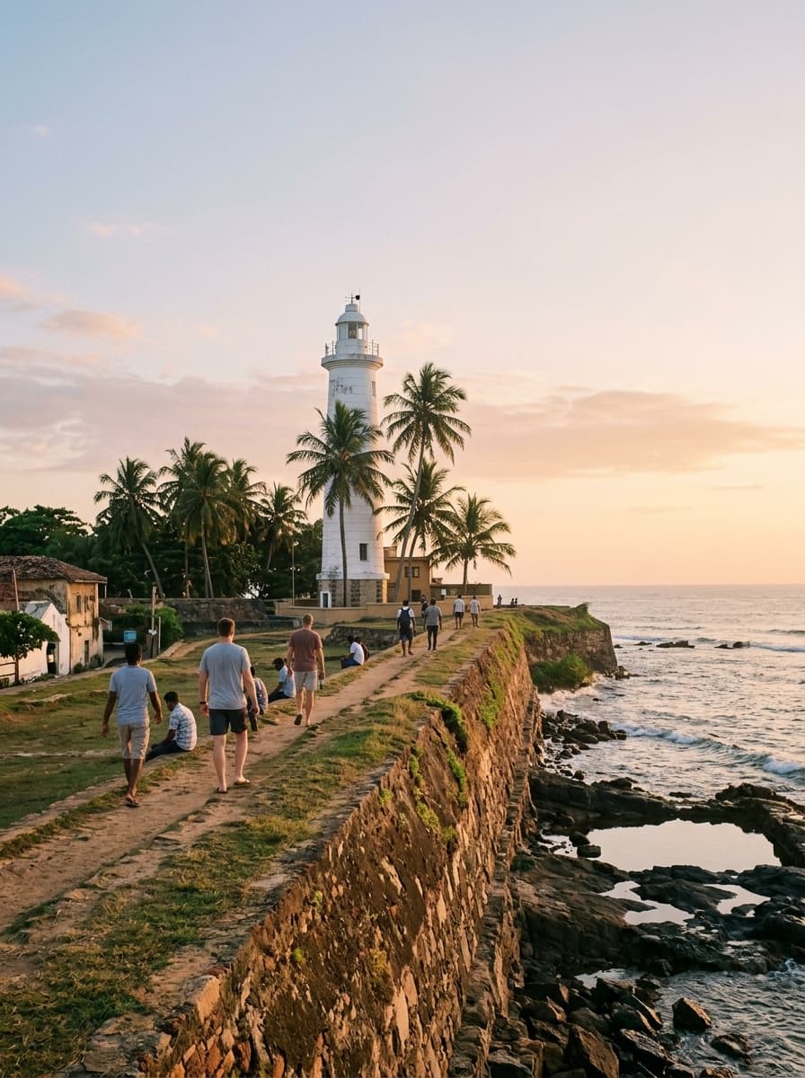 Galle Fort lighthouse and ramparts at sunset, people walking the wall