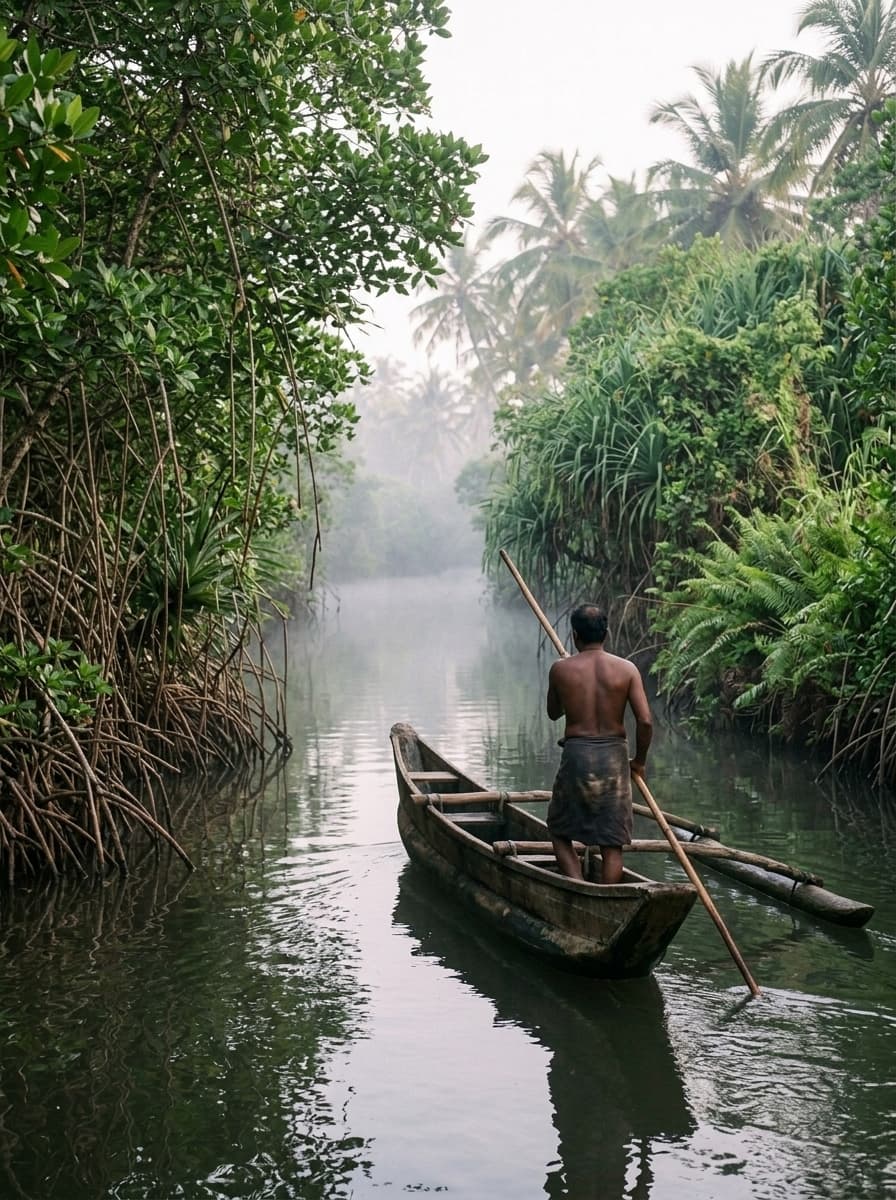 Boatman poling a canoe through the misty mangroves of Koggala Lake