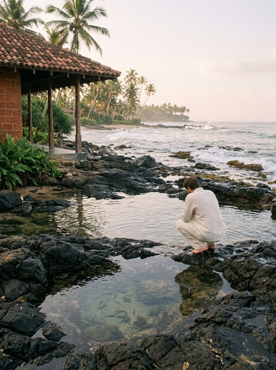 Rock pools at low tide below coconut palms