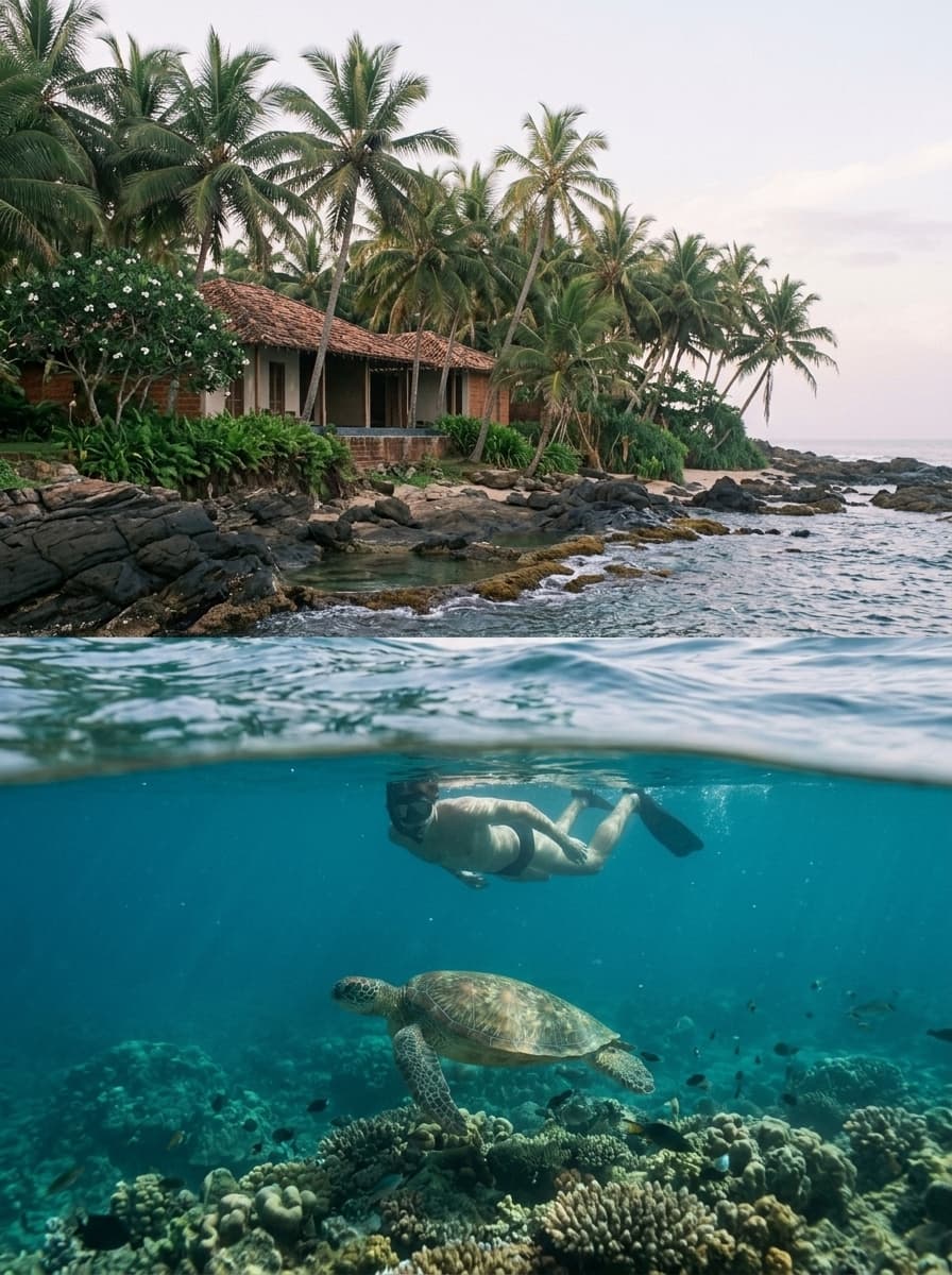 Snorkeller floating above a sea turtle, the shore above the water