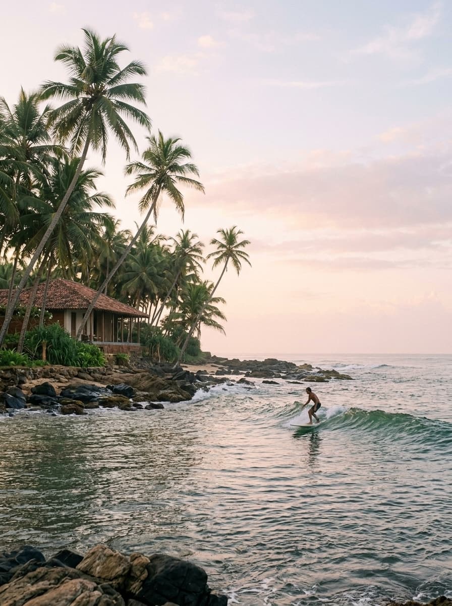 Surfer on a small wave at dawn, palms and a villa on the shore