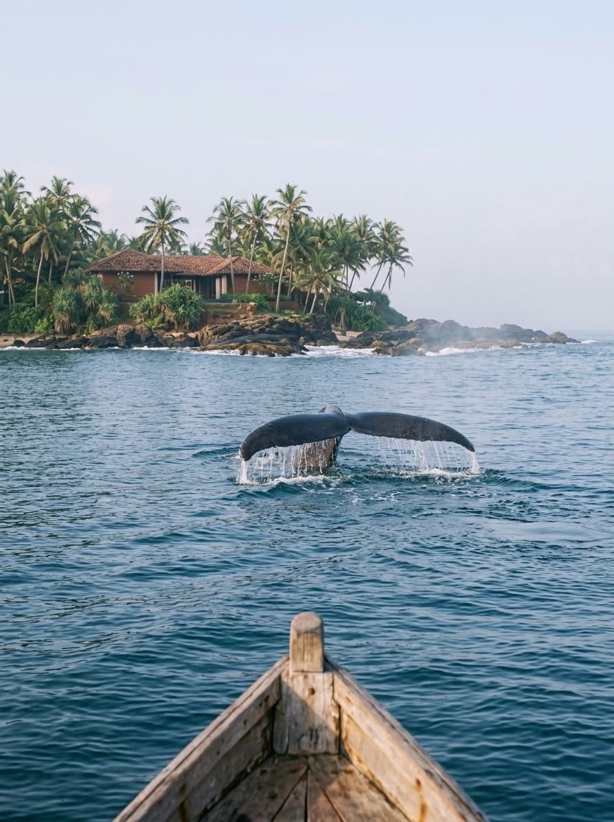 Blue whale's tail rising ahead of a wooden boat off Mirissa