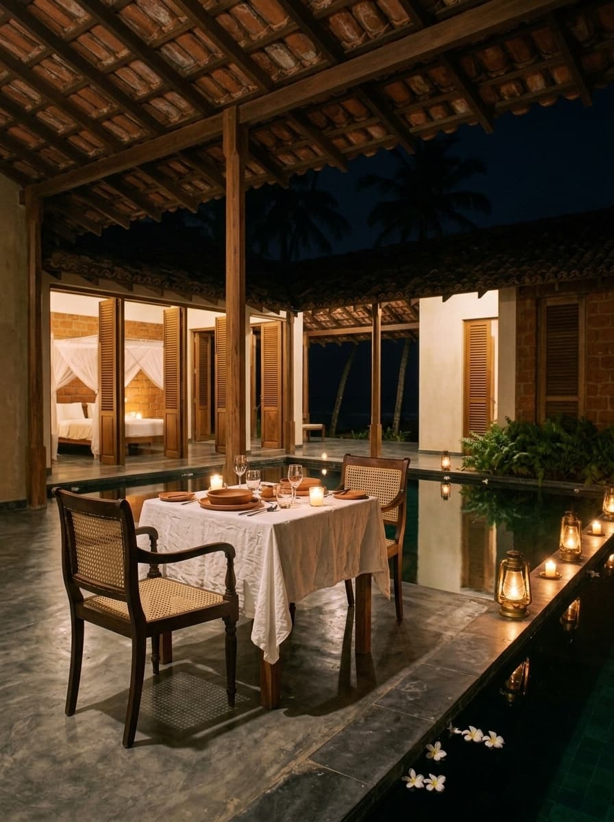 Dinner table by the pool, lit by lanterns