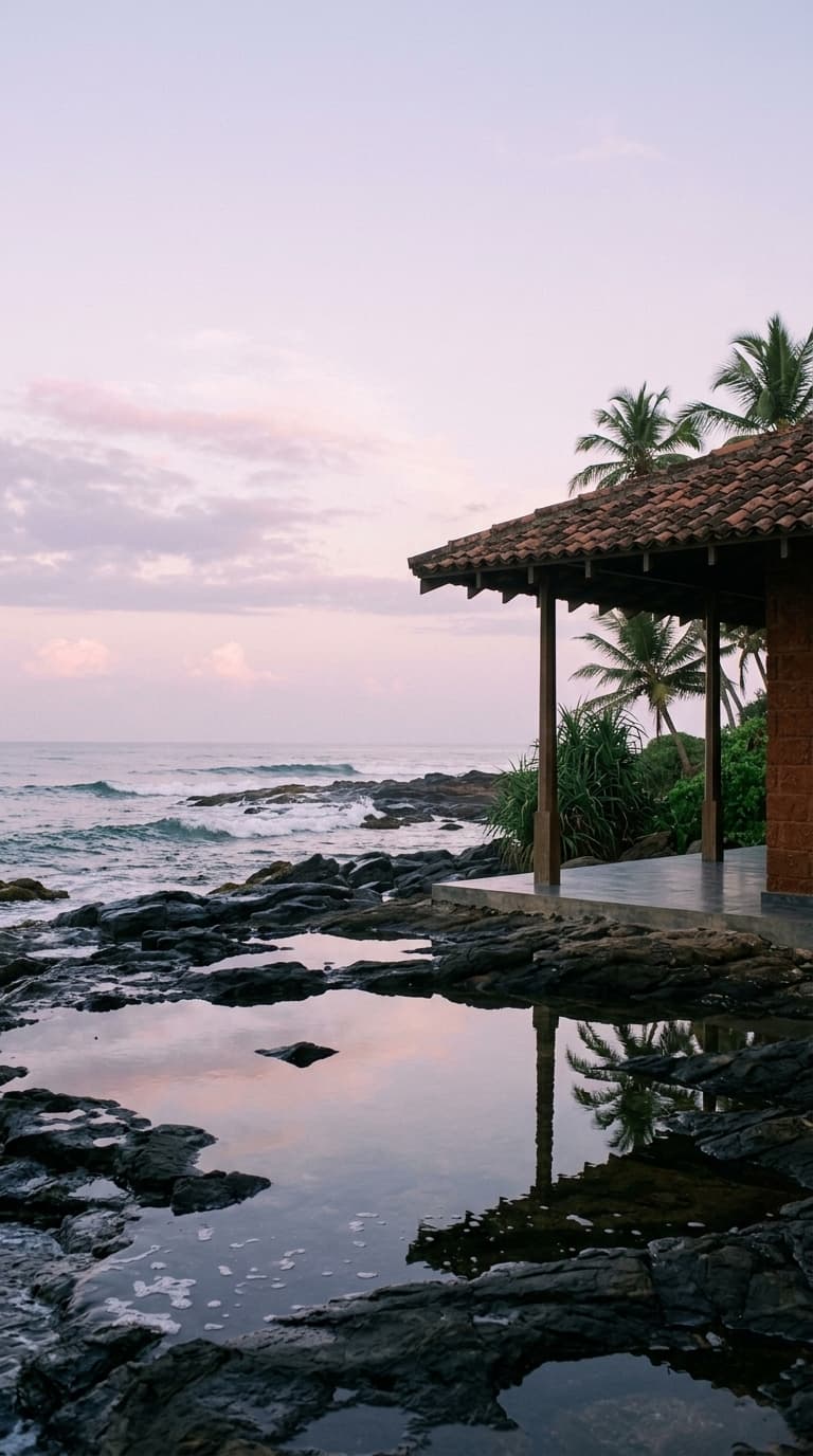 The villa above the rock pools at dawn, coconut palms and the sea