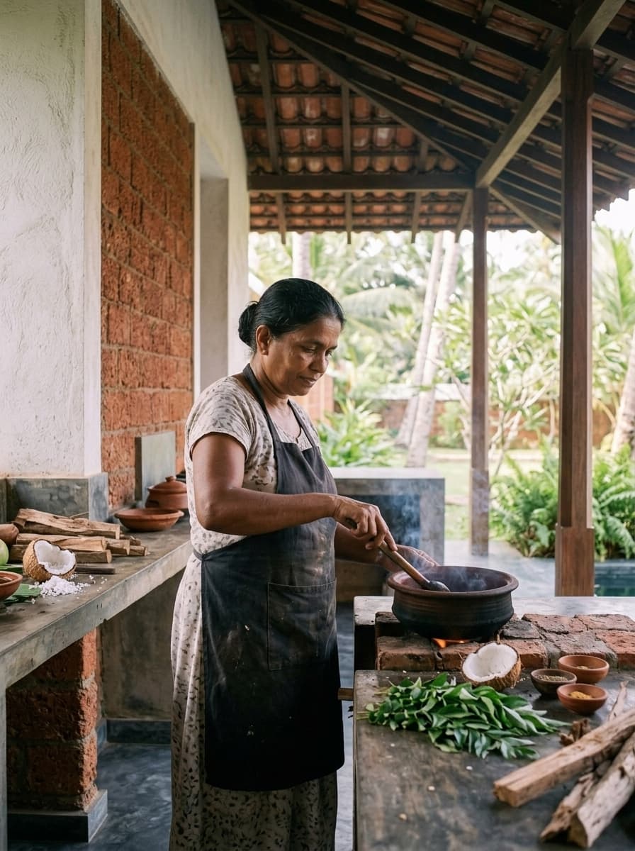 The cook stirring a clay pot of curry over the hearth