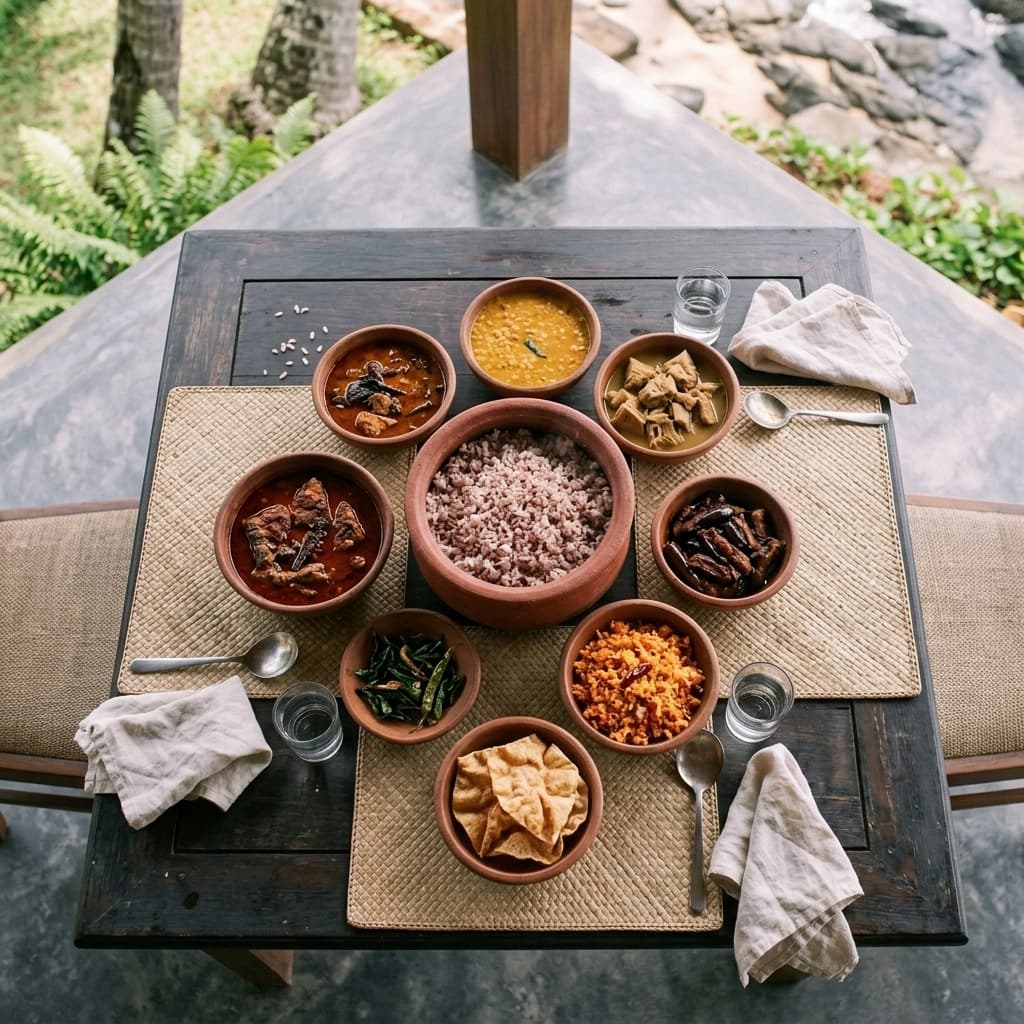 Red rice and curries in clay bowls, seen from above
